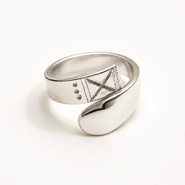 Bague Azalaï en bronze plaqué argent 925, gravures touareg, Sahelia Créations
